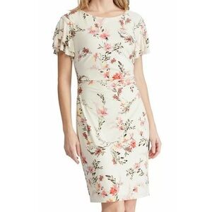 Lauren Ralph Lauren Cashew Pink Cream Ruched Floral Dress with Flutter Sleeves